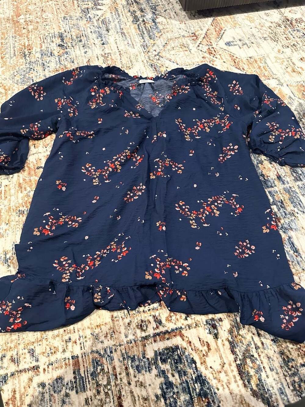 Navy Floral Long Sleeve V-Neck Ruffle Tunic Dress 1X
